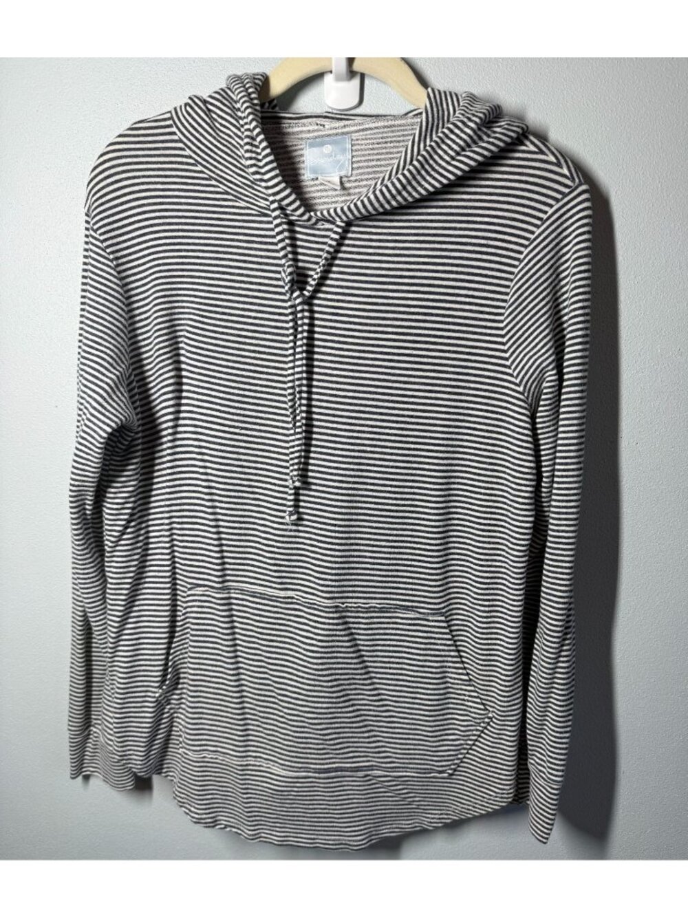 Sunday Womens Small Navy Blue Striped Hoodie Lightweight‎ Pullover Front Pocket